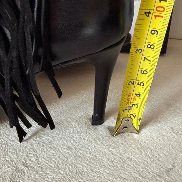 New Black Leather Fringe Pointed Toe Stiletto Heel Boots with Zipper - Picture 13 of 13